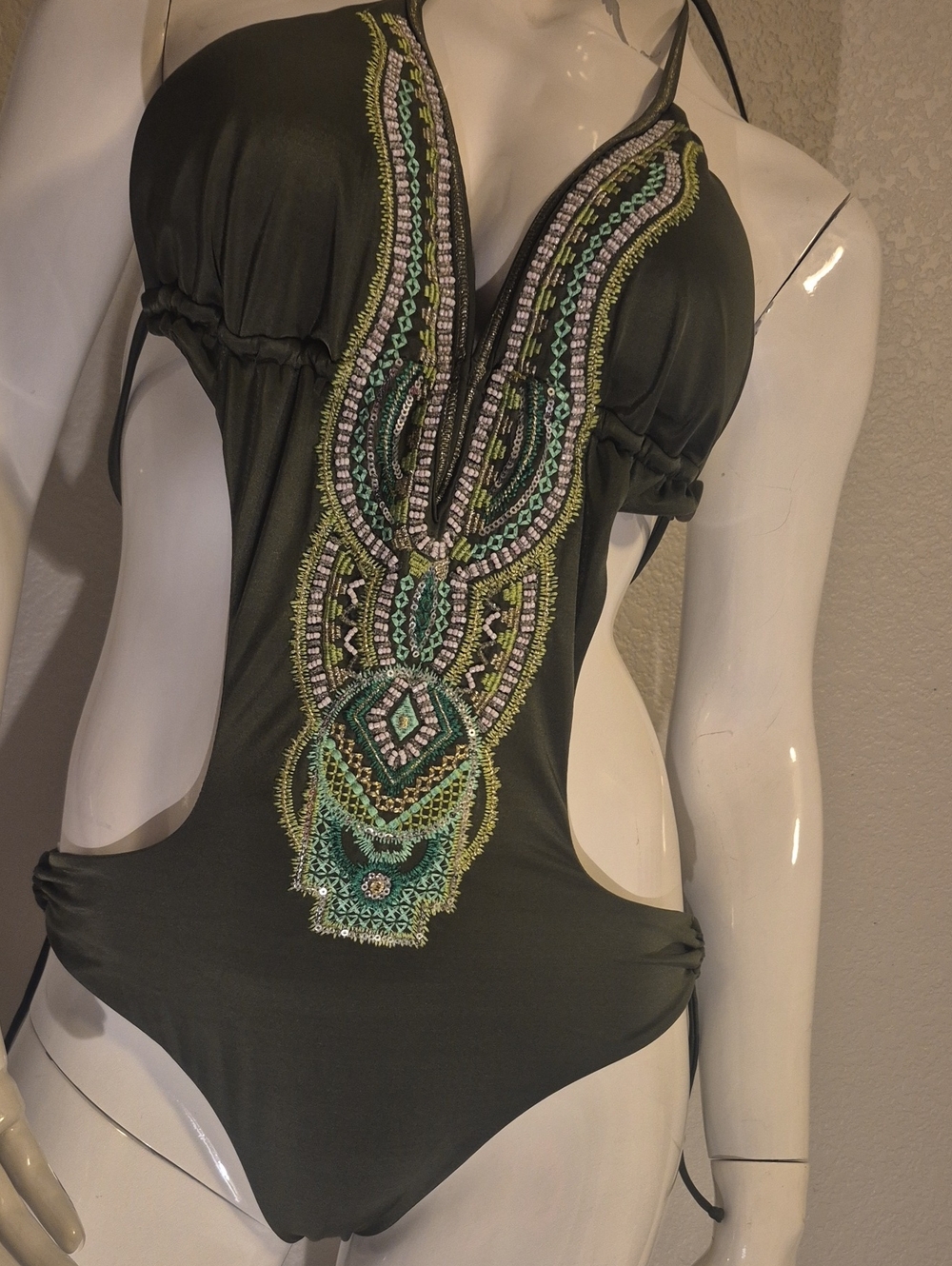 Olive Embroidered Plunge Cutout Bodysuit